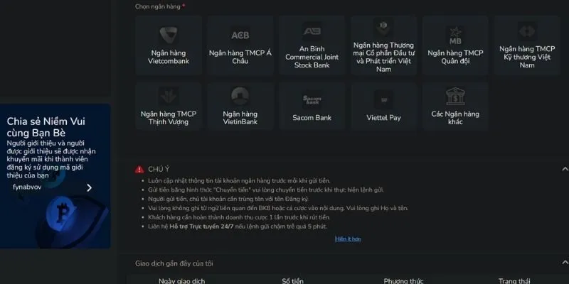 Các lưu ý khi tiến hành giao dịch nạp tiền